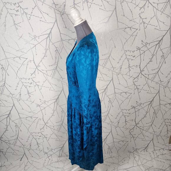 Nora Noh Blue 100% Silk Artsy Faux Wrap Criss Cross Midi Dress - Picture 3 of 7